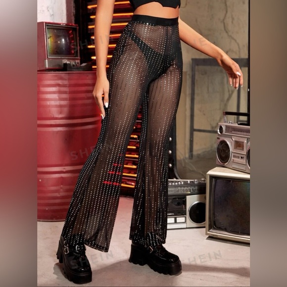 Black sheer mesh & silver rhinestone flare leg [L - XL] - Picture 5 of 5